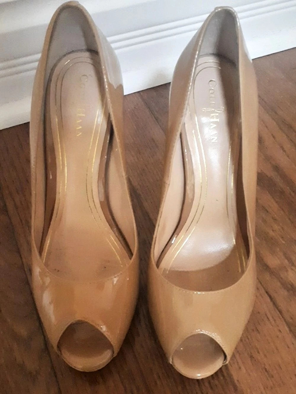 Cole Haan Peep-Toe Patent Heels in Tan